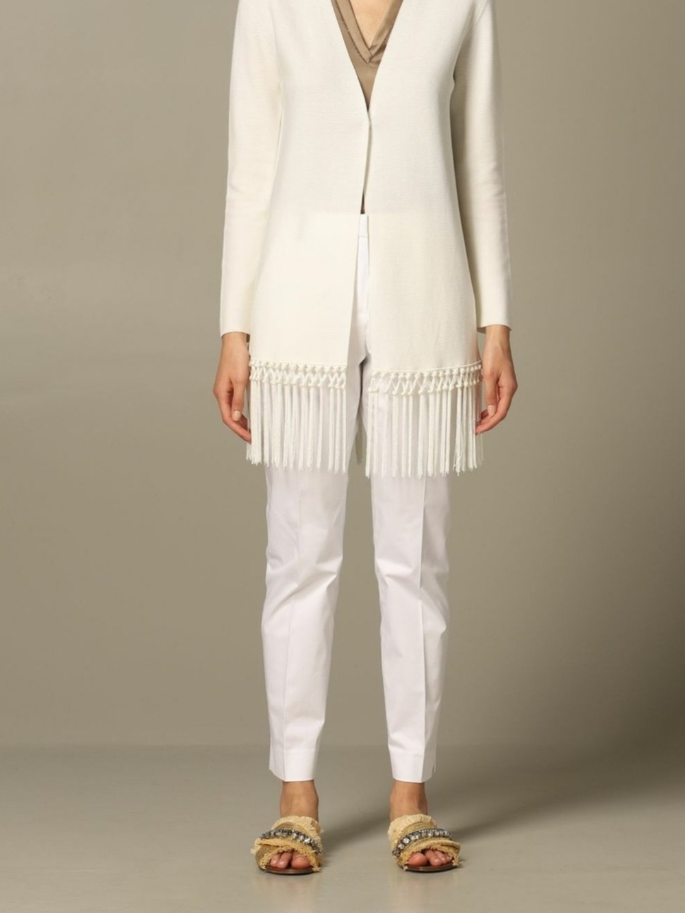 Fabiana Filippi White Fringed Long Cardigan Glam Luxury Italy Knit sz S RV$995